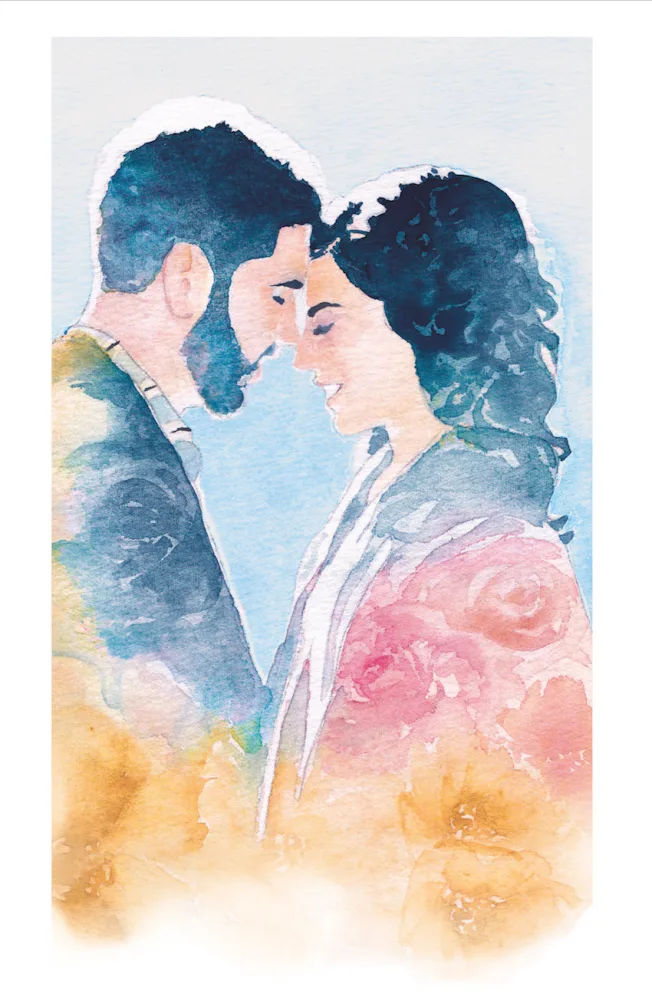 Watercolour portrait of a couple touching foreheads, painted for a wedding invitation