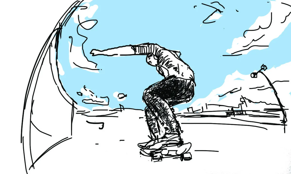 Pencil storyboard sketch of a skateboarder mid-trick